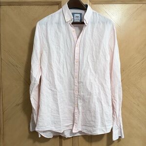 Zara Light Pink Casual Button-Down Mixed Linen Shirt - L